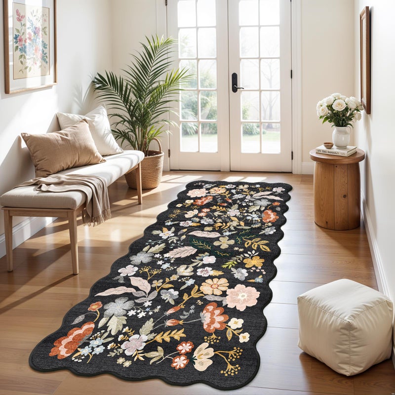 BYYVOO 3x6 Washable Kitchen Runner Rug: Non Slip Floral Scalloped Runner Rugs for Hallway Stain Resistant Floor Mat for Entryway Boho Carpet Runner for Bedroom Living Room (Black, 3x6) - Image 3