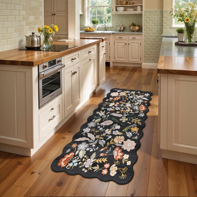 BYYVOO 3x6 Washable Kitchen Runner Rug: Non Slip Floral Scalloped Runner Rugs for Hallway Stain Resistant Floor Mat for Entryway Boho Carpet Runner for Bedroom Living Room (Black, 3x6) - Image 2