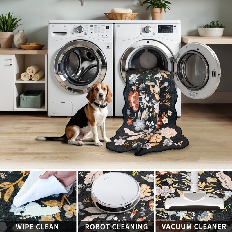 BYYVOO 3x6 Washable Kitchen Runner Rug: Non Slip Floral Scalloped Runner Rugs for Hallway Stain Resistant Floor Mat for Entryway Boho Carpet Runner for Bedroom Living Room (Black, 3x6) - Image 5