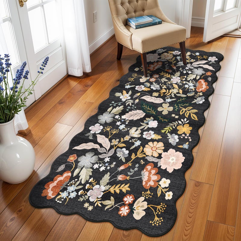 BYYVOO 3x6 Washable Kitchen Runner Rug: Non Slip Floral Scalloped Runner Rugs for Hallway Stain Resistant Floor Mat for Entryway Boho Carpet Runner for Bedroom Living Room (Black, 3x6) - Image 1