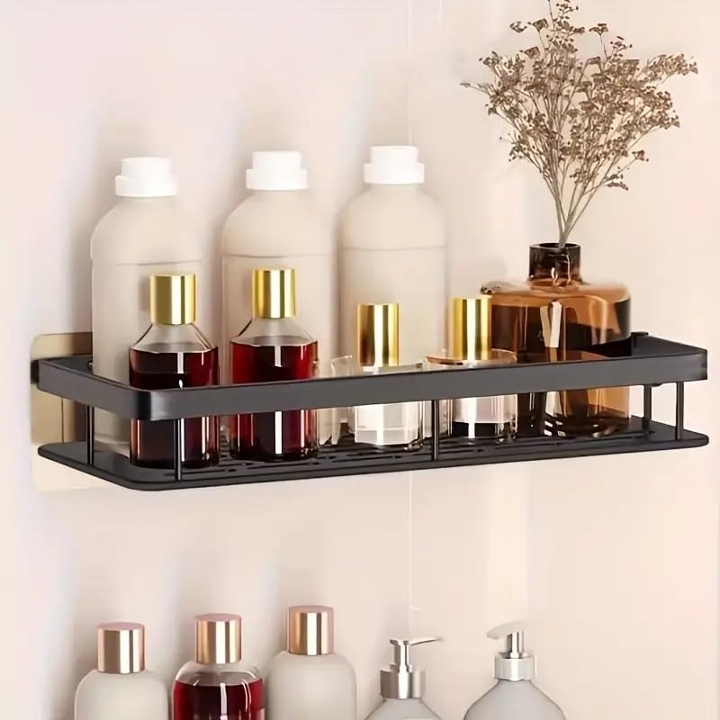 KYMIO Black Bathroom Shelf Wall Mounted – Rustproof Aluminum Shower Organizer Rack for Toiletries, Shampoo, Conditioner, Soap, Bathroom Storage Caddy with Strong Adhesive, No Drilling - Image 2