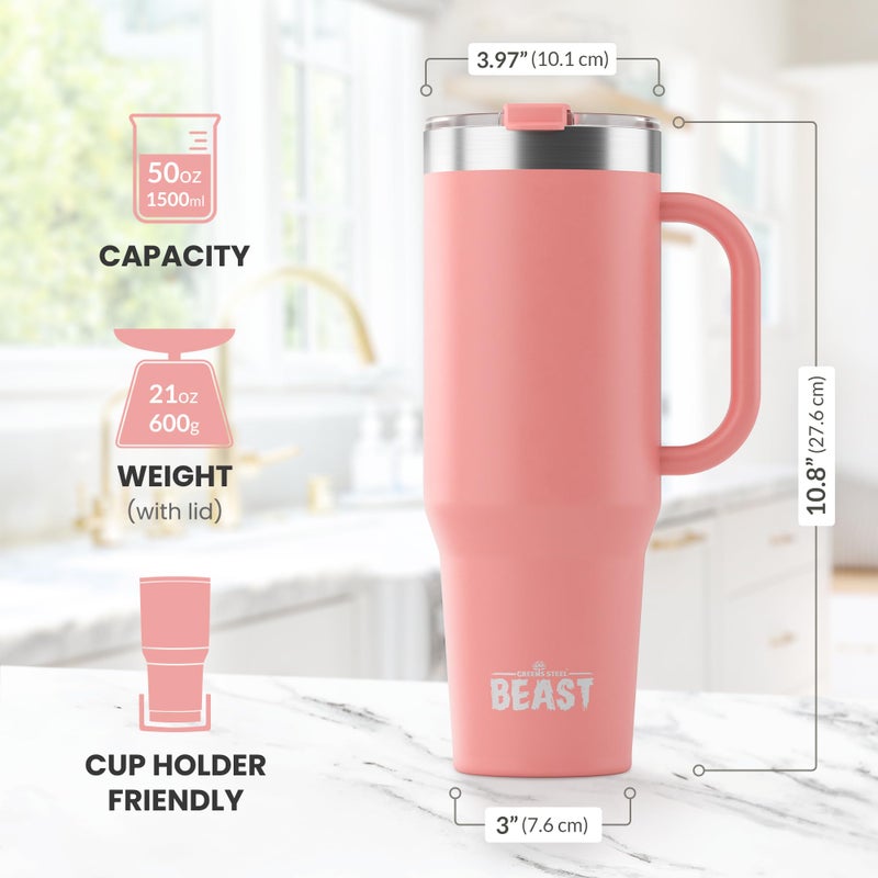 Greens Steel Beast 50 oz Tumbler Stainless Steel Vacuum Insulated Coffee Ice Cup Double Wall Travel Flask (Blossom Pink)  - Image 3