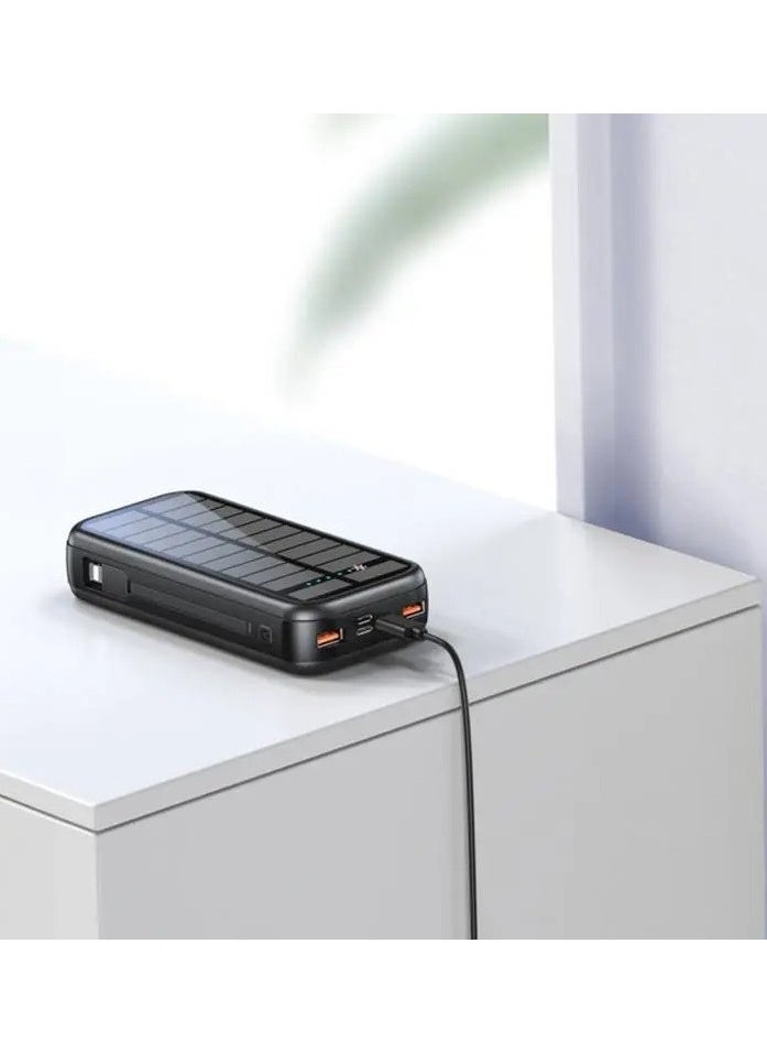 باور بانك 20000 مللي أمبير PD 20W Solar 2 / نوع بطارية ليثيوم بوليمر / حماية من الجهد الزائد / لوحة شحن بالطاقة الشمسية / حماية من ماس كهربائي / كابلات مدمجة من النوع C و Lightning - أسود