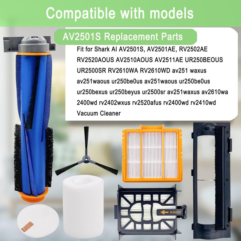 MalhSlix Replacement Parts for Shark AI AV2501S AV2511AE AV2610WA AV2501AE RV2502AE RV2400WD AI Ultra 2- in-1 Robot Vacuum, Main Brush, Filter, Side Brush, Roller Cover, Pre-Motor Foam & Felt Filter - Image 2