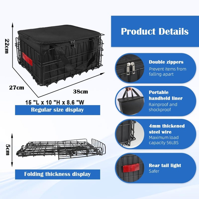 Lunies Folding Bicycle Basket with Removable Waterproof Liner Bag - Rear Bike Cargo Rack for Adults - Image 4