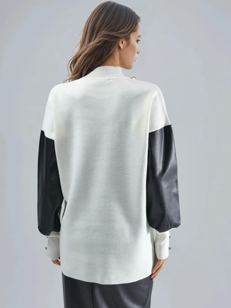 MY FASHION Dusty White MY FASHION Faux Leather Detailed Sweater for Women | Best Price UAE