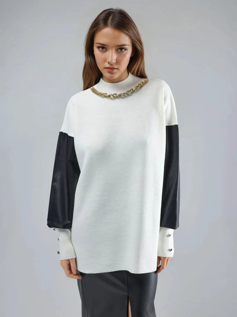 MY FASHION Dusty White MY FASHION Faux Leather Detailed Sweater for Women | Best Price UAE