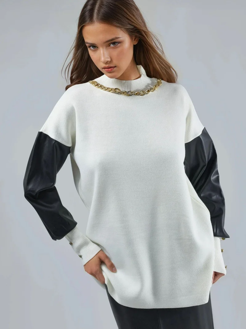 MY FASHION Faux Leather Detailed Sweater