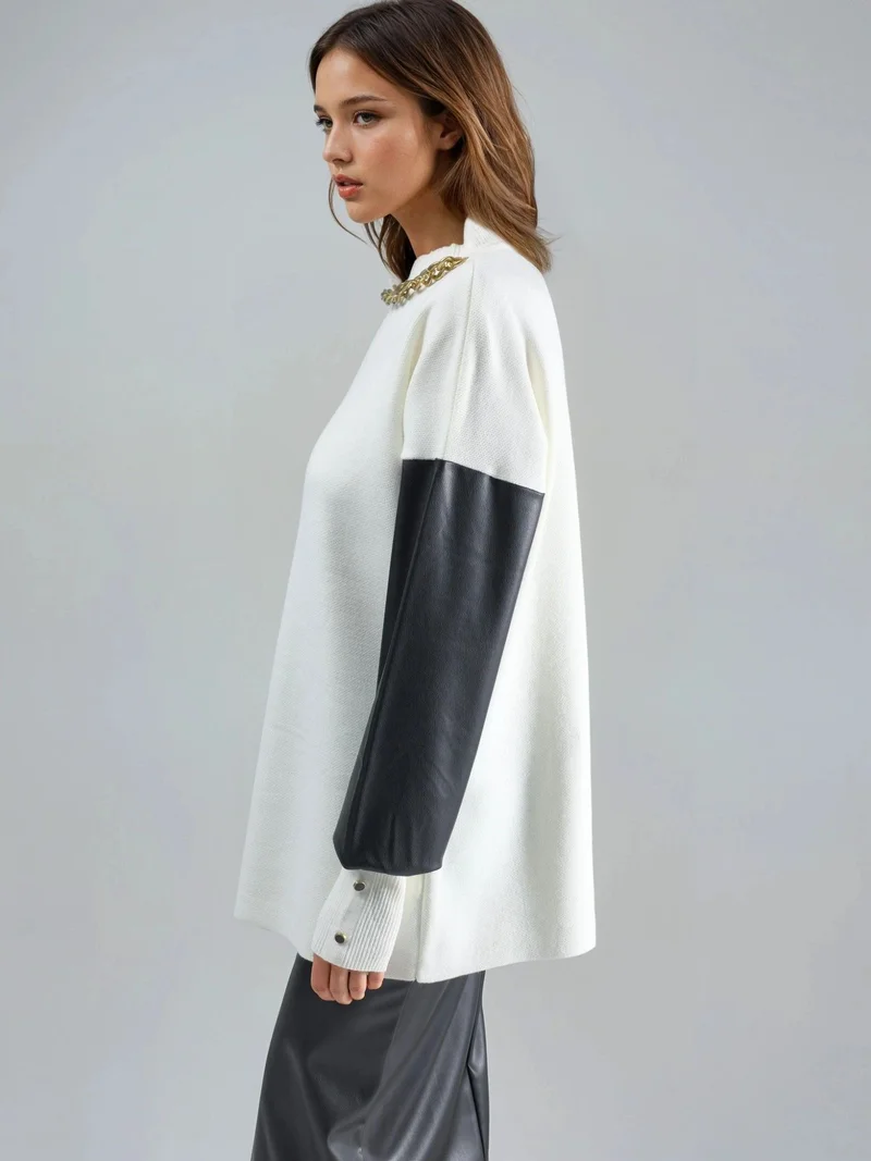 MY FASHION Dusty White MY FASHION Faux Leather Detailed Sweater for Women | Best Price UAE