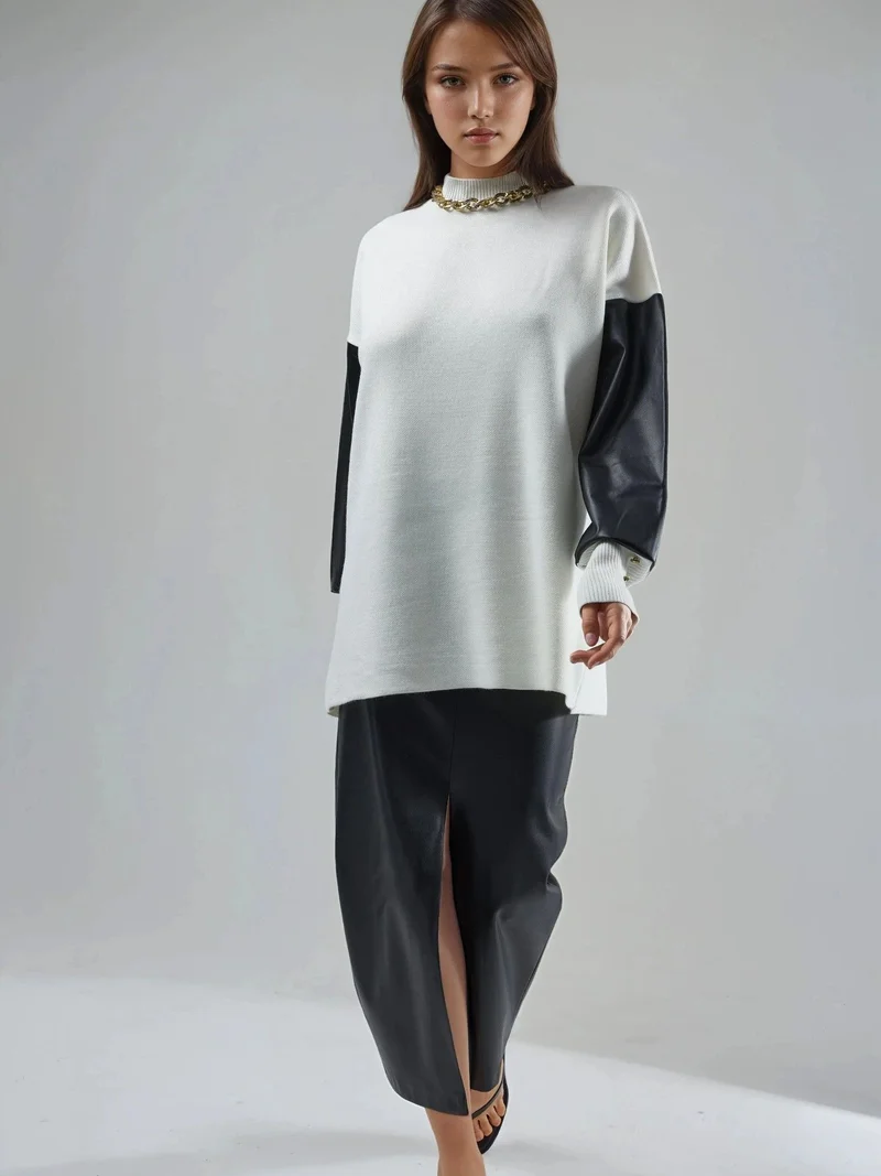 MY FASHION Dusty White MY FASHION Faux Leather Detailed Sweater for Women | Best Price UAE