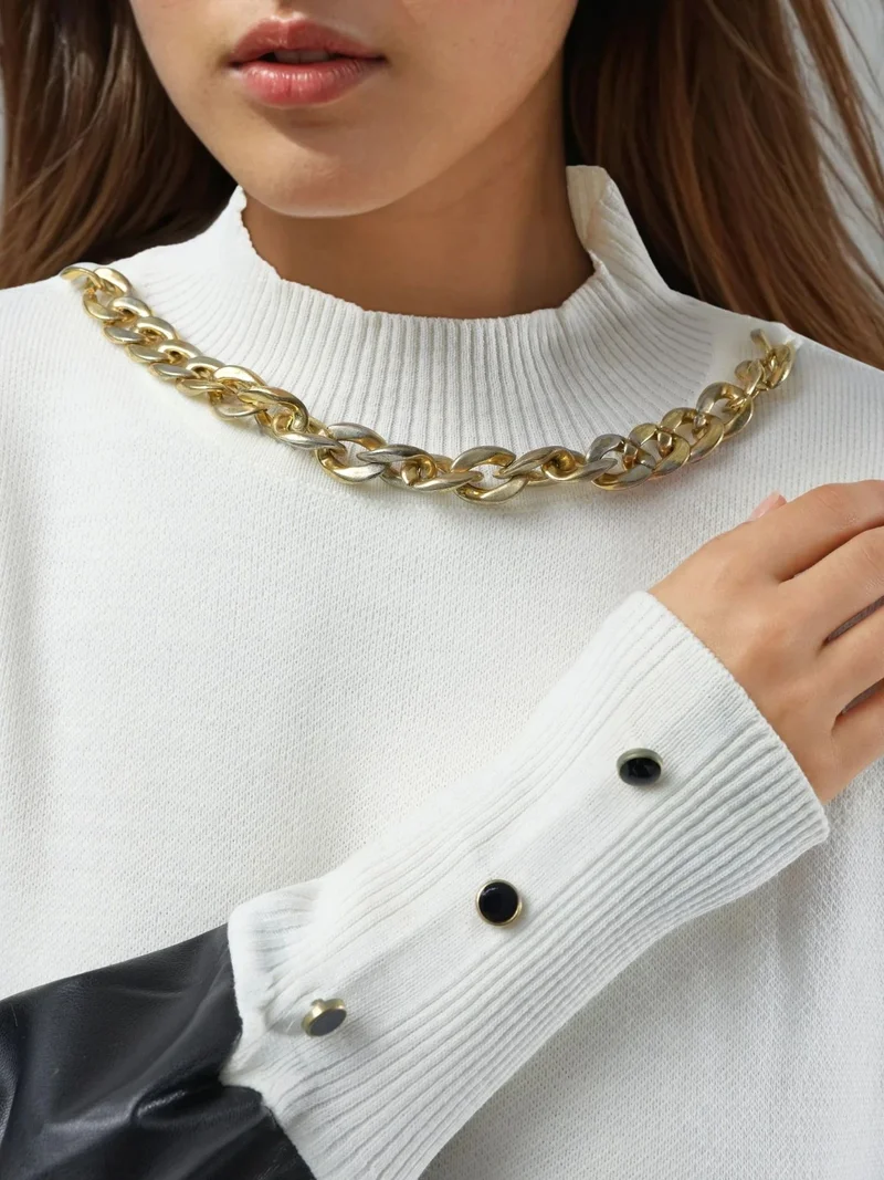 MY FASHION Dusty White MY FASHION Faux Leather Detailed Sweater for Women | Best Price UAE