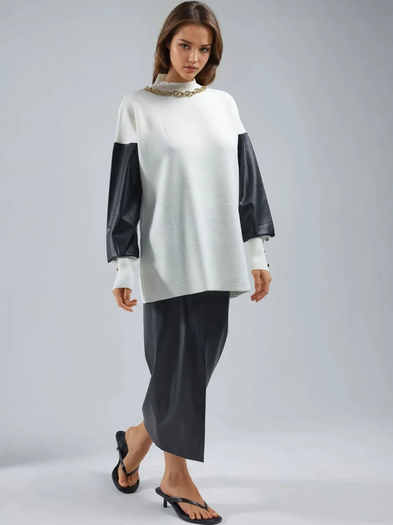 MY FASHION Dusty White MY FASHION Faux Leather Detailed Sweater for Women | Best Price UAE