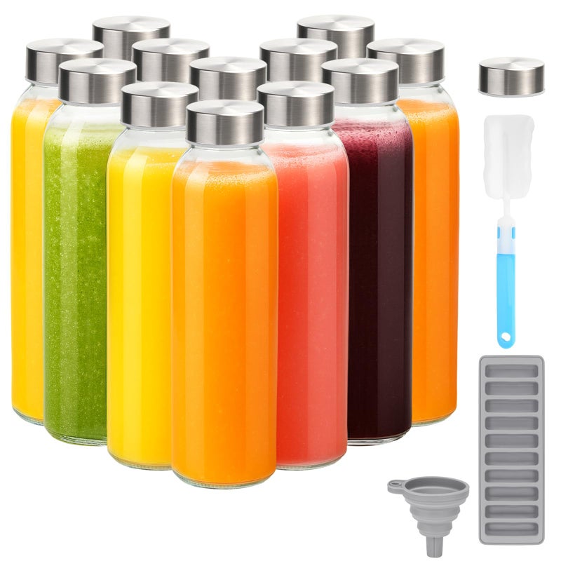 Zukro Glass Water Bottles with Lids 18 oz, 12 Pack Reusable Juice Bottles With Stainless Steel Airtight Cap for Juicing, Leak Proof Clear Drinking Jar Beverage storage container for Fridge, BPA Free - Image 1