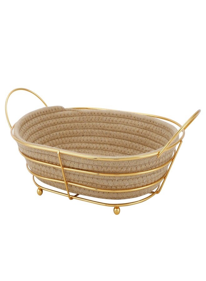 NFI essentials Handcrafted Decorative Fruit Basket with Golden Metal Frame & Woven Jute Base, Serving Bread Basket Elegant Storage Organizer for Home, Kitchen, Dining Table, Decor - Image 1