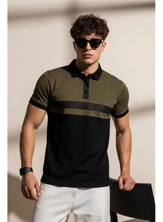 فيردو Veirdo® 100% Cotton Half Sleeves Regular Fit Black & Olive Colorblock Polo T-Shirt for Men (P-22_BLK_Olive)