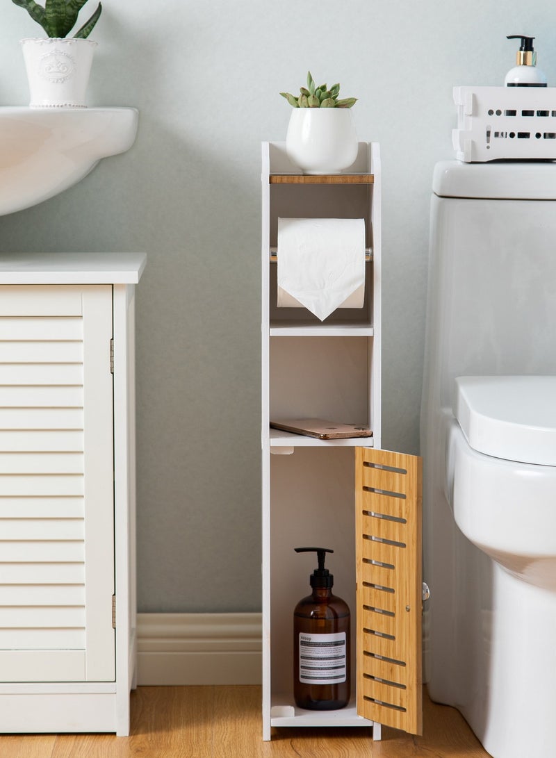 اوجيزور حامل ورق تواليت، خزانة حمام بباب خيزران، مادة PVC وخامة الخيزران، مناسبة لأي مشهد، ارتفاع 30 بوصة (76 سم)، أبيض - Image 1