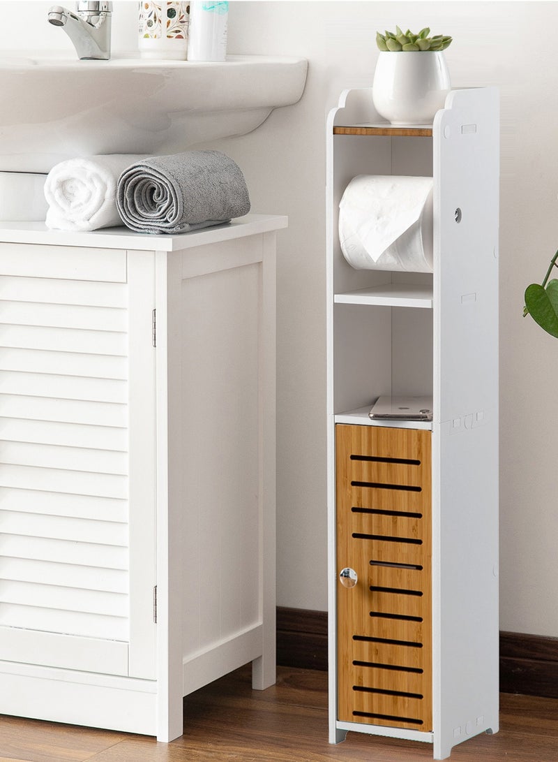 اوجيزور حامل ورق تواليت، خزانة حمام بباب خيزران، مادة PVC وخامة الخيزران، مناسبة لأي مشهد، ارتفاع 30 بوصة (76 سم)، أبيض - Image 4