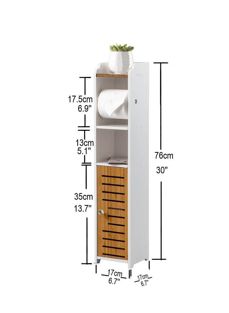اوجيزور حامل ورق تواليت، خزانة حمام بباب خيزران، مادة PVC وخامة الخيزران، مناسبة لأي مشهد، ارتفاع 30 بوصة (76 سم)، أبيض - Image 2