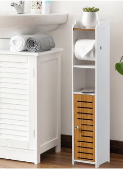 AOJEZOR Toilet paper holder, bathroom storage cabinet with bamboo door, PVC material and bamboo material, suitable for any scene, height 30 inches (76 cm),White  - Image 5