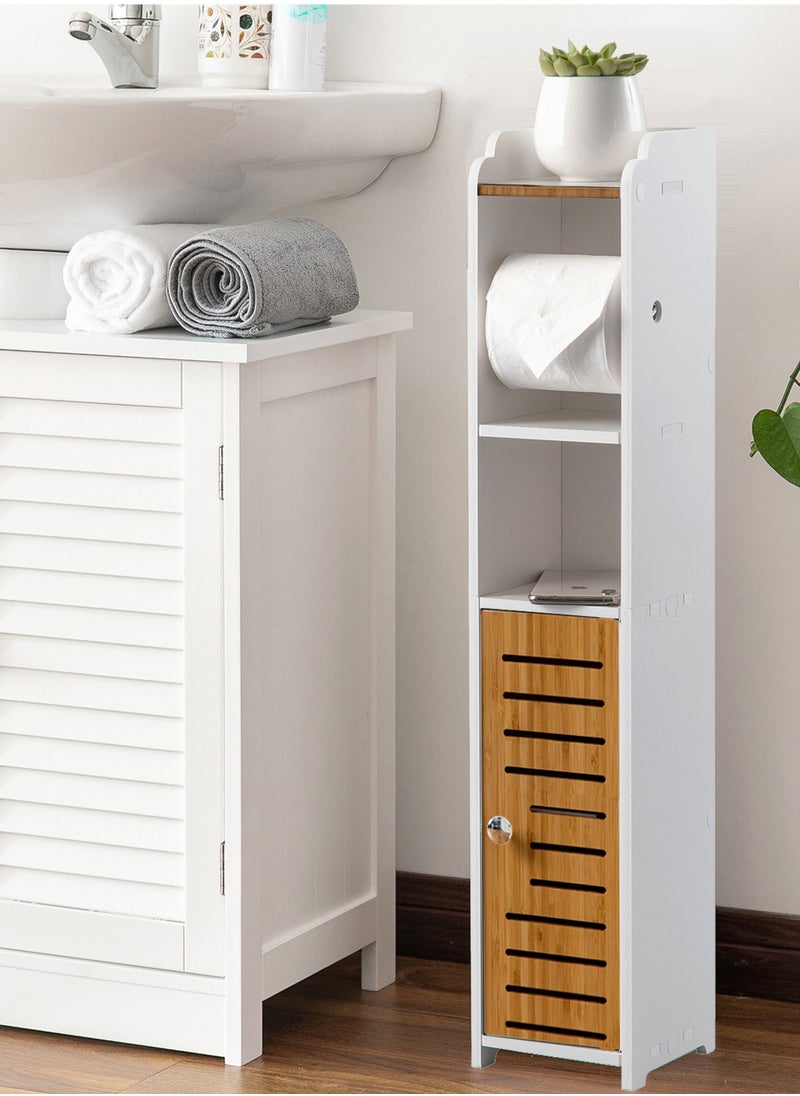 AOJEZOR Toilet paper holder, bathroom storage cabinet with bamboo door, PVC material and bamboo material, suitable for any scene, height 30 inches (76 cm),White  - Image 5