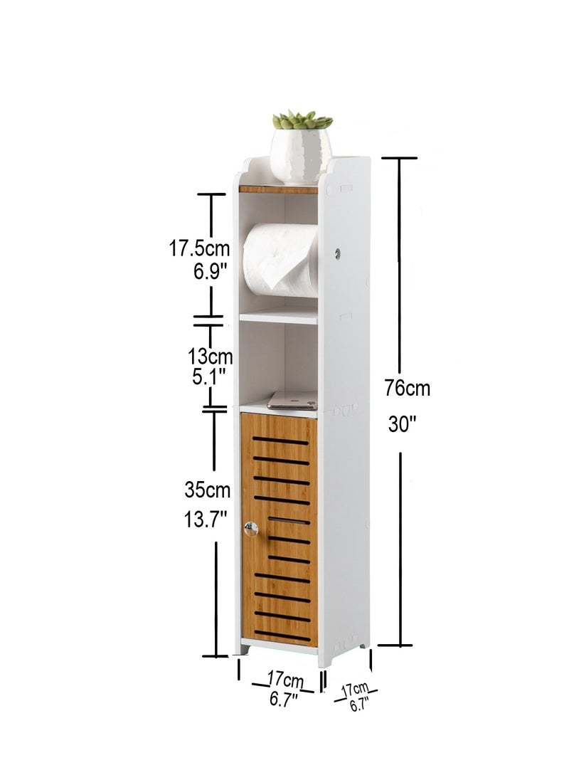 AOJEZOR Toilet paper holder, bathroom storage cabinet with bamboo door, PVC material and bamboo material, suitable for any scene, height 30 inches (76 cm),White  - Image 2
