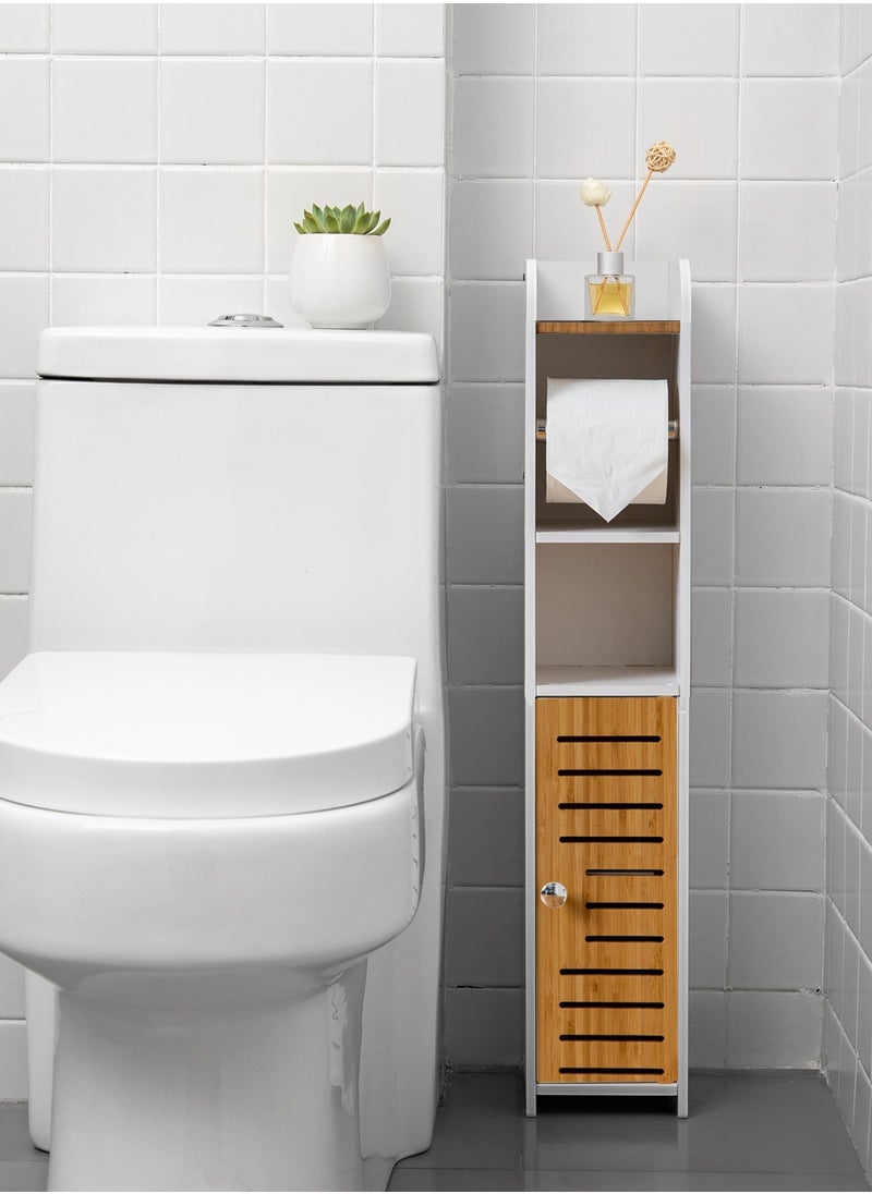 AOJEZOR Toilet paper holder, bathroom storage cabinet with bamboo door, PVC material and bamboo material, suitable for any scene, height 30 inches (76 cm),White  - Image 4