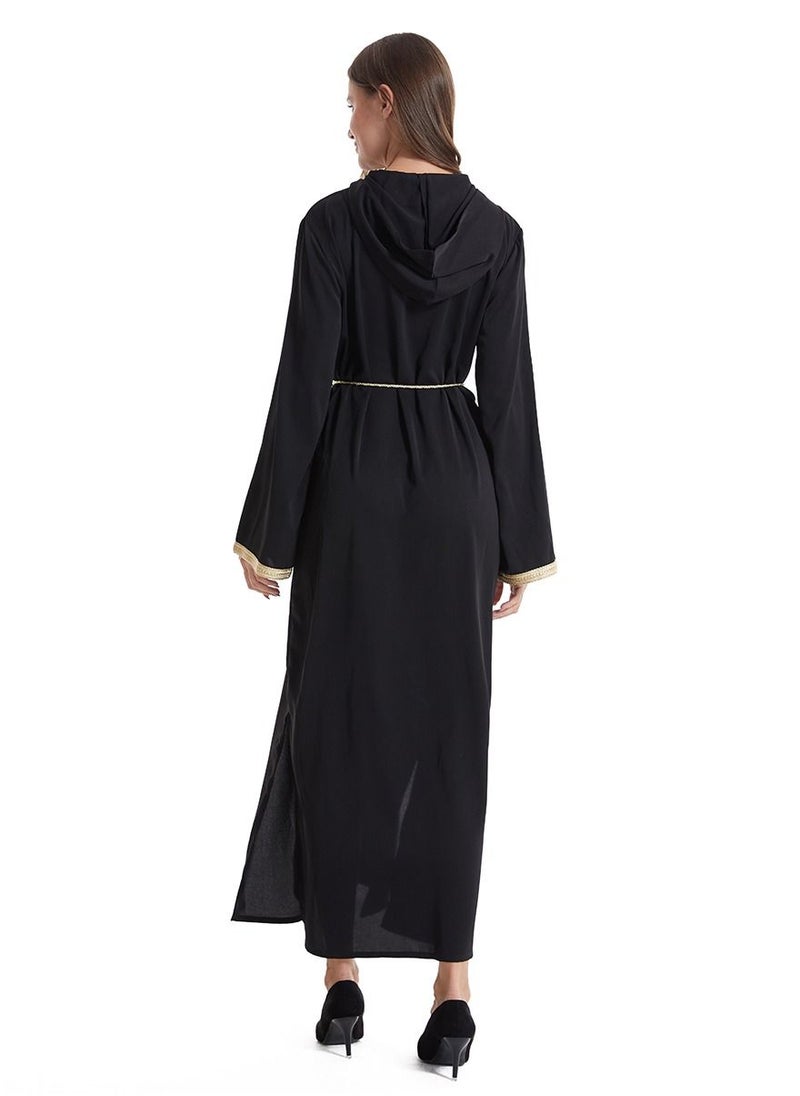 Loquat Lady's Hooded Long Dress Long Sleeve Abaya Thobe Robe Black  - Image 2