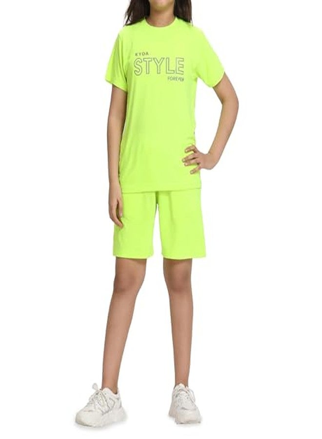 KYDA KIDS® Girls 100% Pure Cotton Premium Chest Printed Neon Green Tshirt and Short Set for Summer (Pack of 1) - Image 4