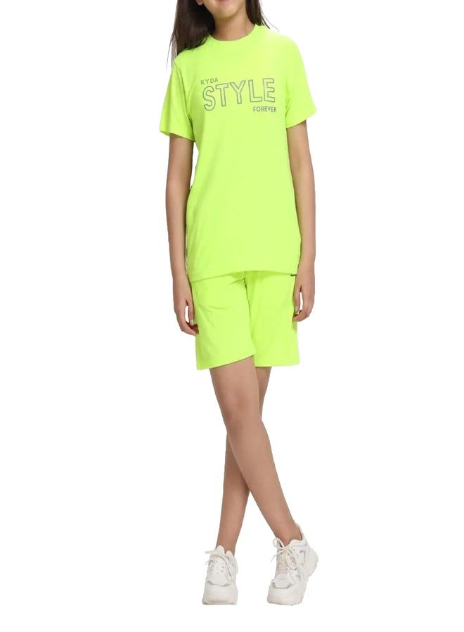 KYDA KIDS® Girls 100% Pure Cotton Premium Chest Printed Neon Green Tshirt and Short Set for Summer (Pack of 1) - Image 1