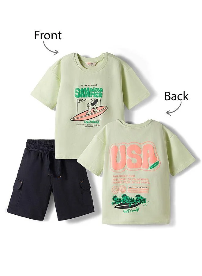 Primo Gino Primo Gino 100% Cotton French Terry Knit Oversized Printed T-Shirt and Shorts Set - Green and Black