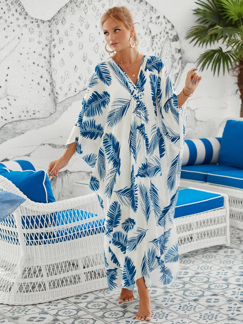 Moss Rose Caftan Coverup Dresses for Women V Neck Summer Swimsuit Kaftan Plus Size Maxi Beach Vacation Clothes - Image 5