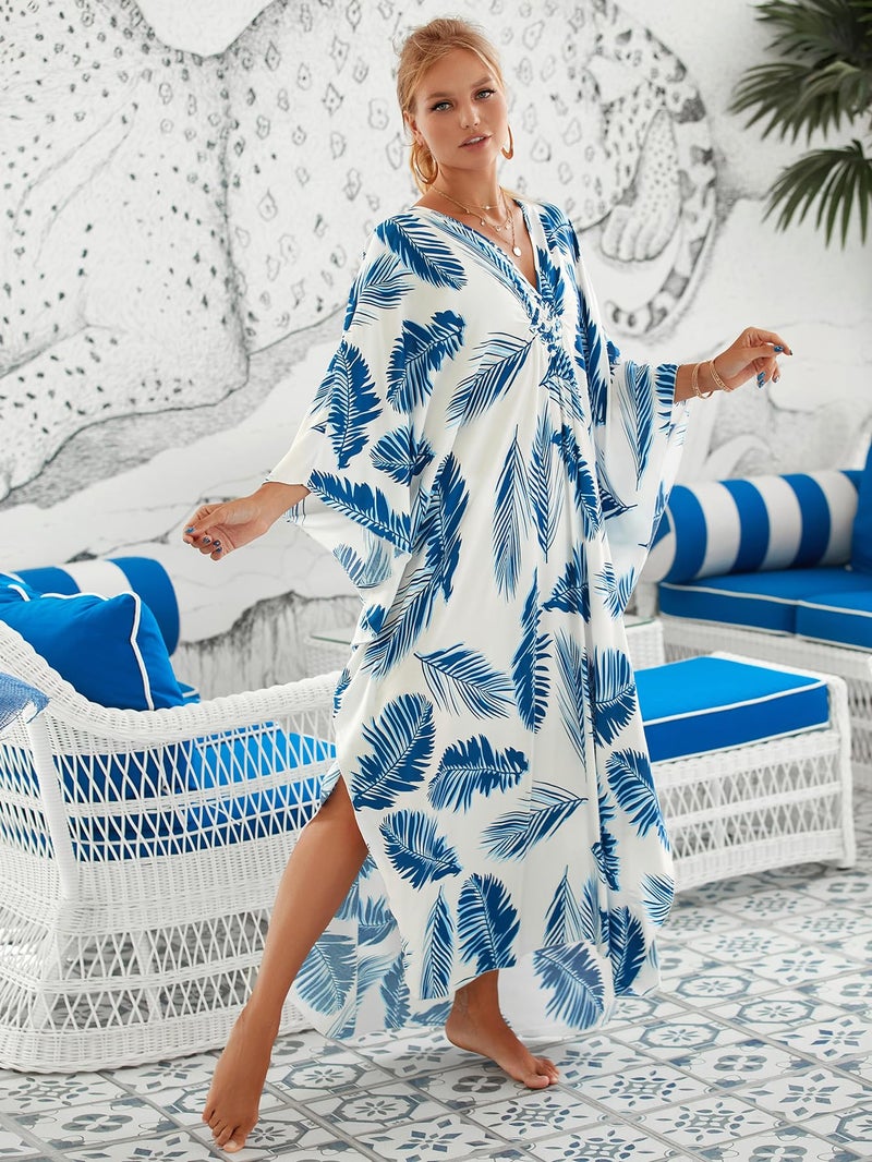 Moss Rose Caftan Coverup Dresses for Women V Neck Summer Swimsuit Kaftan Plus Size Maxi Beach Vacation Clothes - Image 4