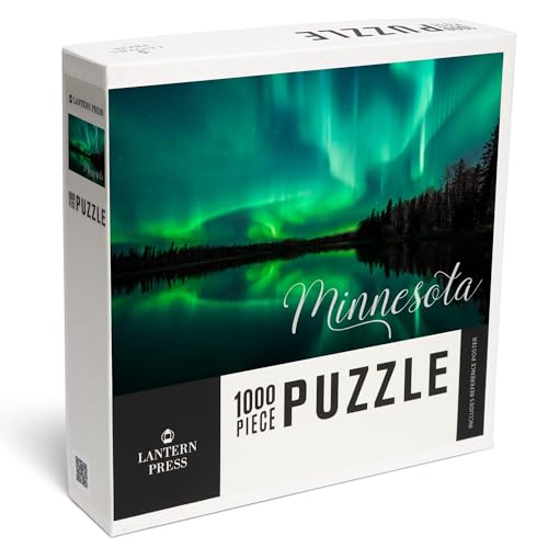 Lantern Press Minnesota Northern Lights Over Lake 1000 Piece Jigsaw Puzzle for Adults Made in USA with Reference Poster - Image 1