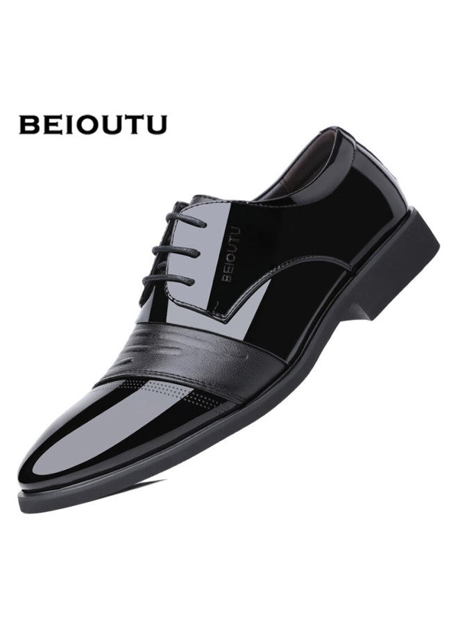 Beioutu Men's Business Dress Shoes British Style Low-top Lace-up Men's Patent Leather Wedding Shoes 2813 Black 38 - Image 1