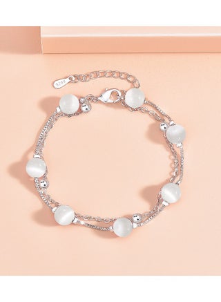 White cat eye stone double-layer bracelet (white gold)