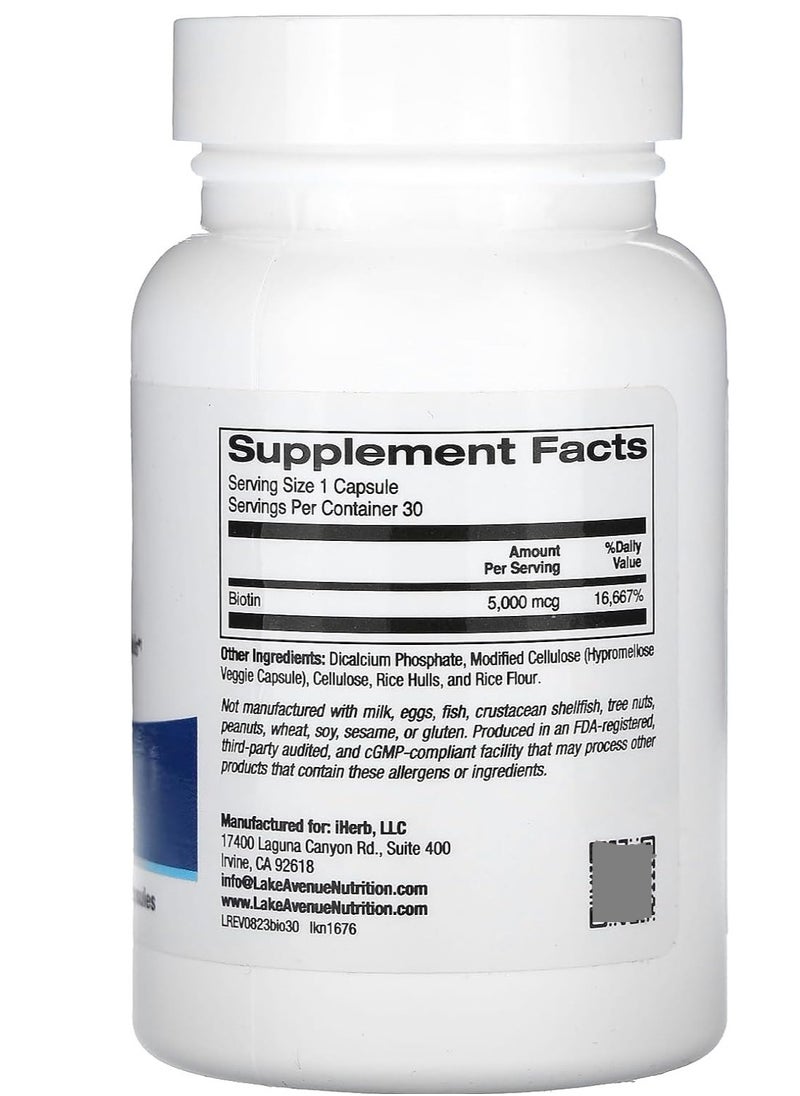 Lake Avenue Nutrition - Lake Avenue Nutrition Biotin 5,000 mcg 30 Veggie Capsules - Image 1