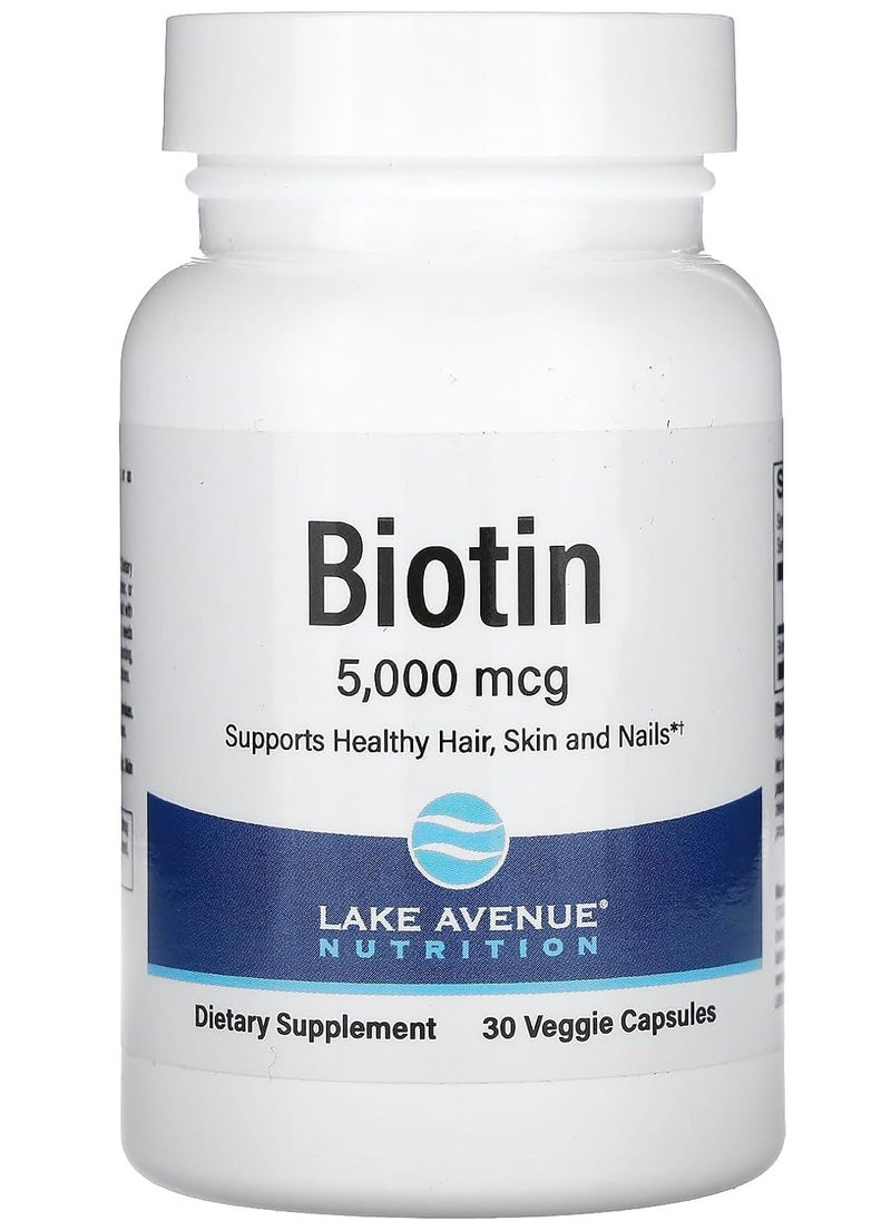 Lake Avenue Nutrition - Lake Avenue Nutrition Biotin 5,000 mcg 30 Veggie Capsules - Image 1