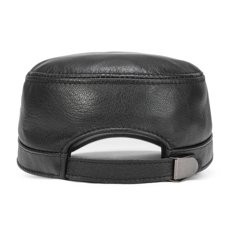 VOBOOM Leather Cadet Army Cap Adjustable Flat Top Military Style Hat for Men (Black) - Image 4