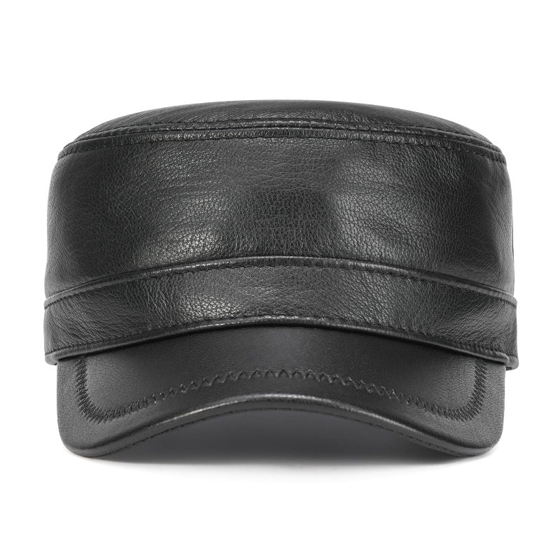 VOBOOM Leather Cadet Army Cap Adjustable Flat Top Military Style Hat for Men (Black) - Image 2