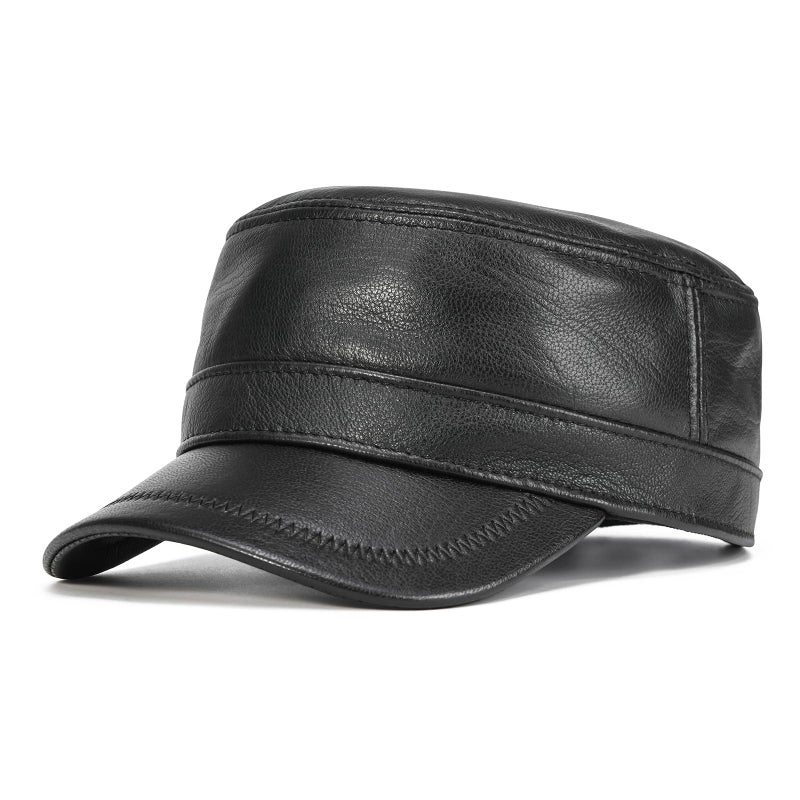 VOBOOM Leather Cadet Army Cap Adjustable Flat Top Military Style Hat for Men (Black) - Image 1
