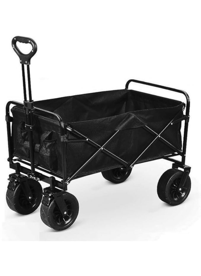 HEXAR Heavy Duty Shopping Trolley Folding Multi-Functional Portable Utility Wagon Beach Trolley with Storage Basket Outdoor Camping Garden Cart with Adjustable Handle (ALL TERRAIN WIDE WHEELS - BLACK) 