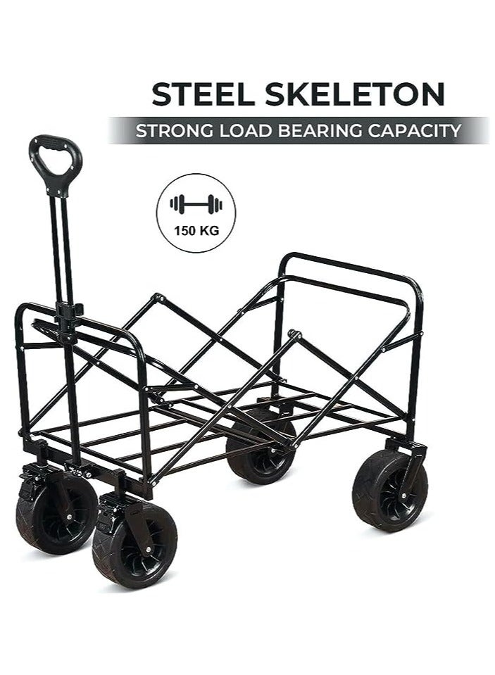 HEXAR عربة تسوق HEXAR شديدة التحمل قابلة للطي ومتعددة الوظائف وعربة الشاطئ المحمولة مع سلة تخزين وعربة حديقة للتخييم في الهواء الطلق مع مقبض قابل للتعديل (عجلات واسعة لجميع التضاريس - أسود) - Image 4