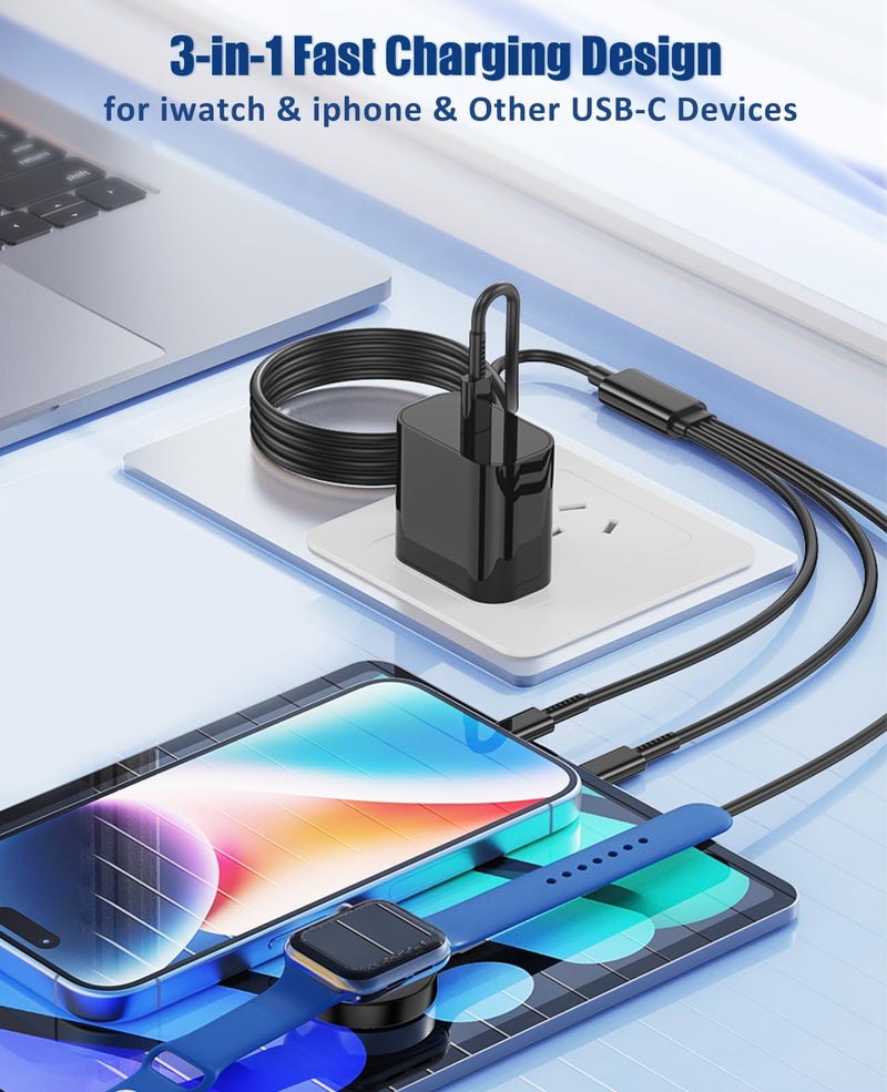 Hcoob for Apple Watch Charger Fast Charging,3 in 1 Multi Chargers Cable with 20W USB C Charger, iWatch Charger Cord 6FT for iWatch Series Ultra2/SE/10/9/8/7/6/5/4/3/iPhone 15 16 Pro Max/14/13/12/11(Black) - Image 2