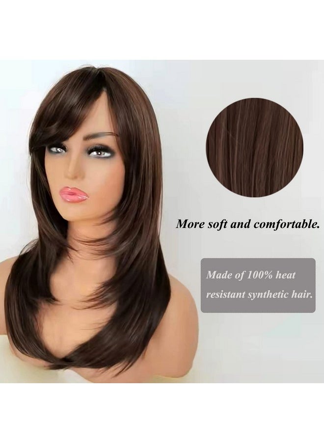 Auflaund Long Straight Brown Wigs For Women Bob Straight Brown Heat Resistant Hair Replacement Wig With Side Bangs For Daily Use 21 Inches  - Image 4