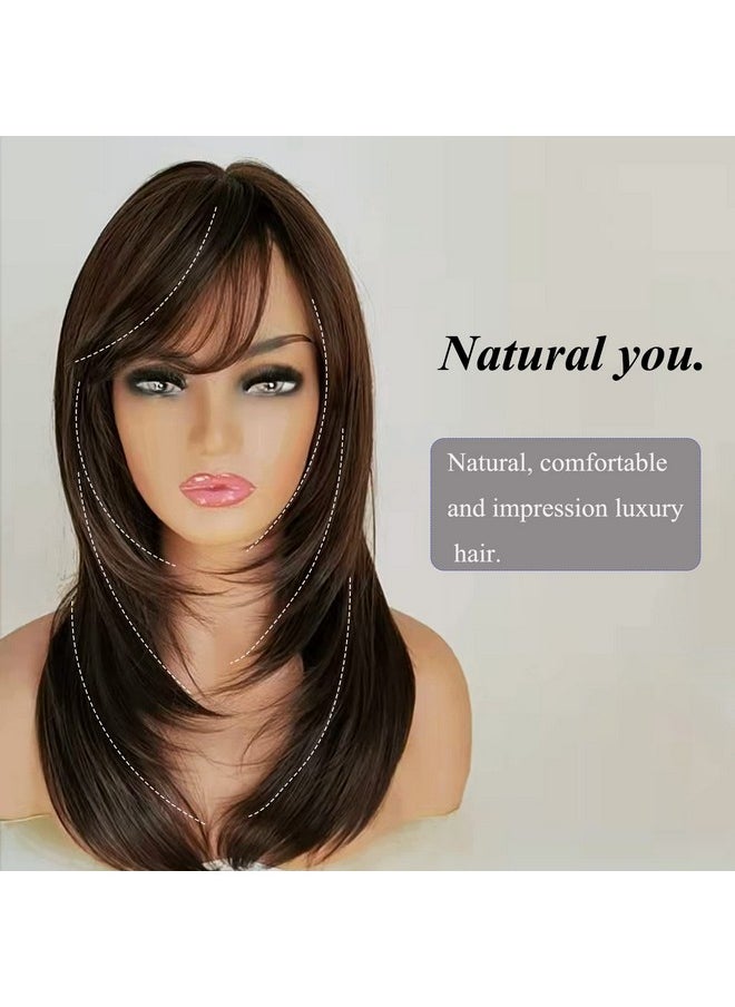 Auflaund Long Straight Brown Wigs For Women Bob Straight Brown Heat Resistant Hair Replacement Wig With Side Bangs For Daily Use 21 Inches  - Image 3