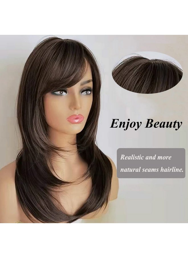 Auflaund Long Straight Brown Wigs For Women Bob Straight Brown Heat Resistant Hair Replacement Wig With Side Bangs For Daily Use 21 Inches  - Image 5