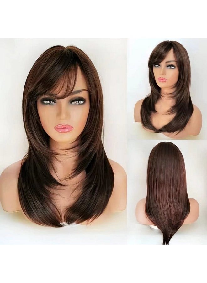 Auflaund Long Straight Brown Wigs For Women Bob Straight Brown Heat Resistant Hair Replacement Wig With Side Bangs For Daily Use 21 Inches  - Image 2