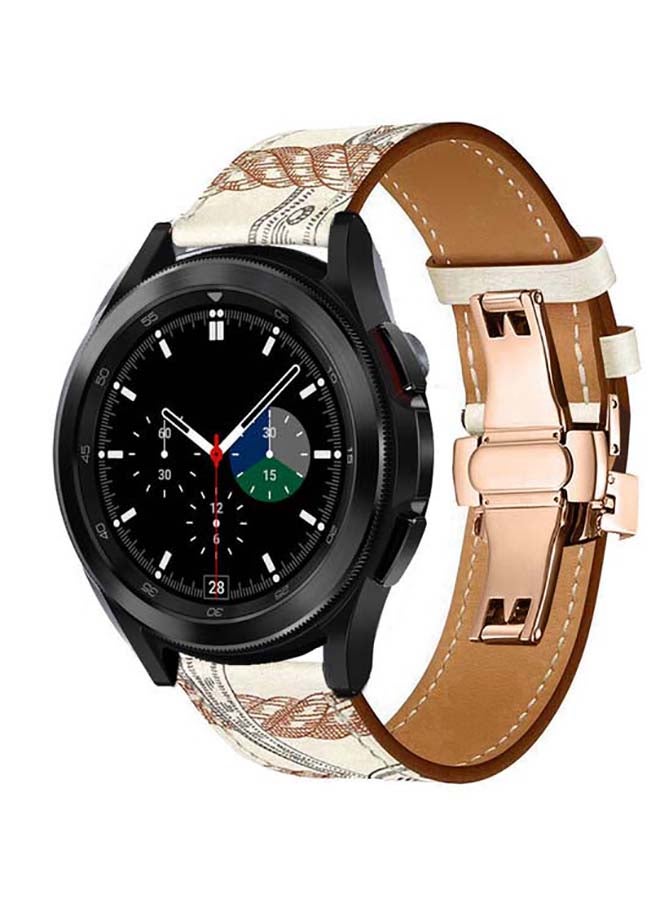 Perfii Genuine Leather Replacement Band For Samsung Galaxy Watch4 42/46mm Blanc Allover Print/White Brown Line - Image 2