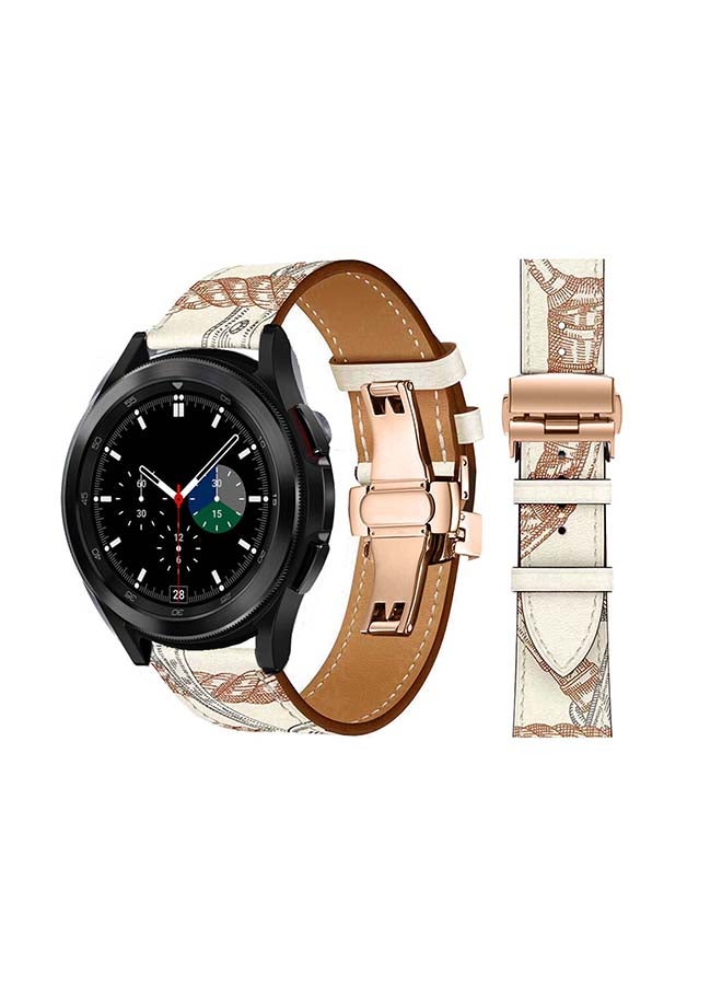 Perfii Genuine Leather Replacement Band For Samsung Galaxy Watch4 42/46mm Blanc Allover Print/White Brown Line - Image 1