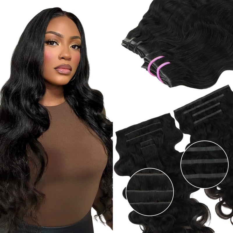 Lashey Invisi Edge & Seamless Clip in Hair Extensions Human Hair, 14 Inch 130g 9pcs(5pcs Invisi Edge& 4pcs Seamless) Real Virgin Human Hair Extensions, Natural Black Body Wave Hair - Image 1